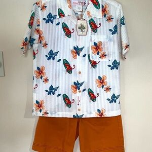 Vintage Tropical 2pc Set - White and Orange with floral surfing monkey print.